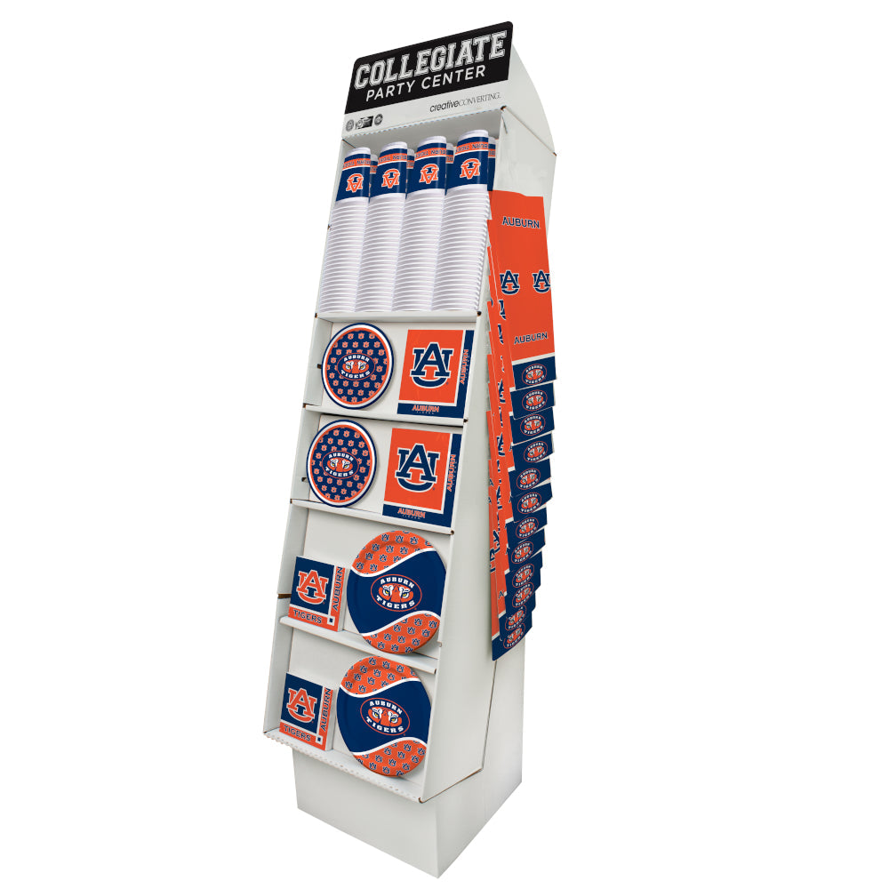 Auburn University Tigers retail floor display stocked with licensed tailgating party supplies
