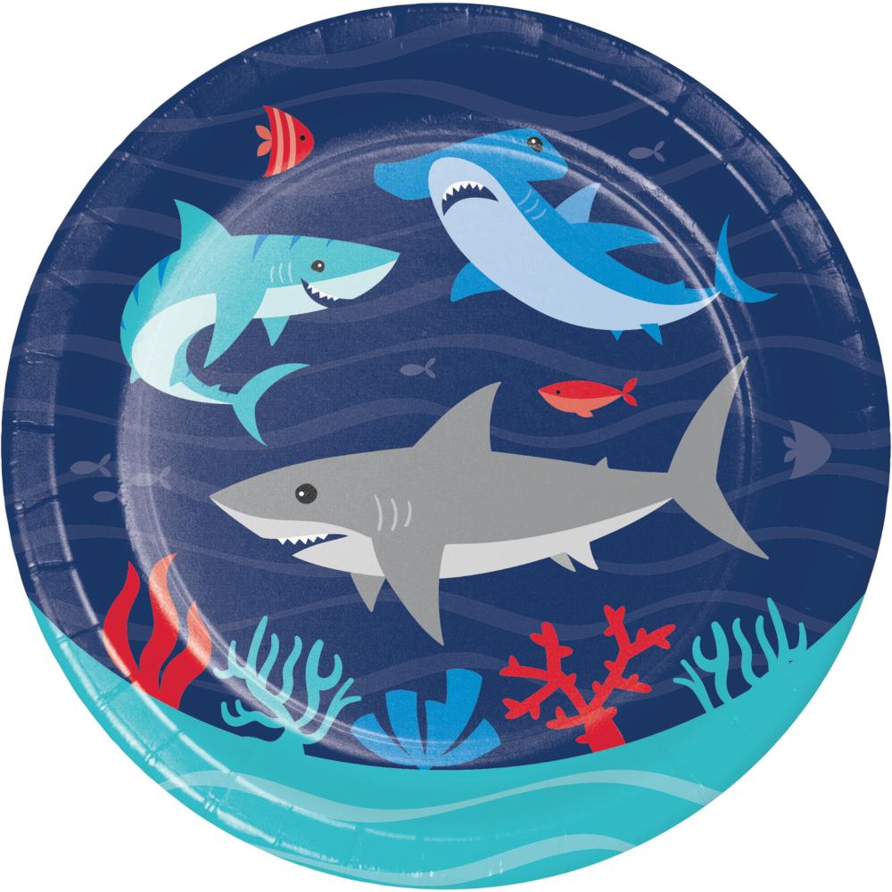 Bulk Shark Party paper dessert plates in a case pack of 96, stocked for kids birthday theme resale