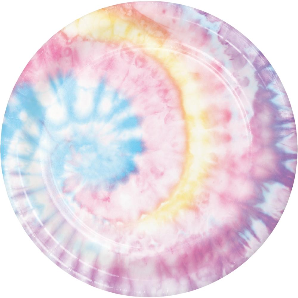 Bulk Tie Dye Party paper dinner plates in a 96 count case, an example of a trend theme with a limited stocking window