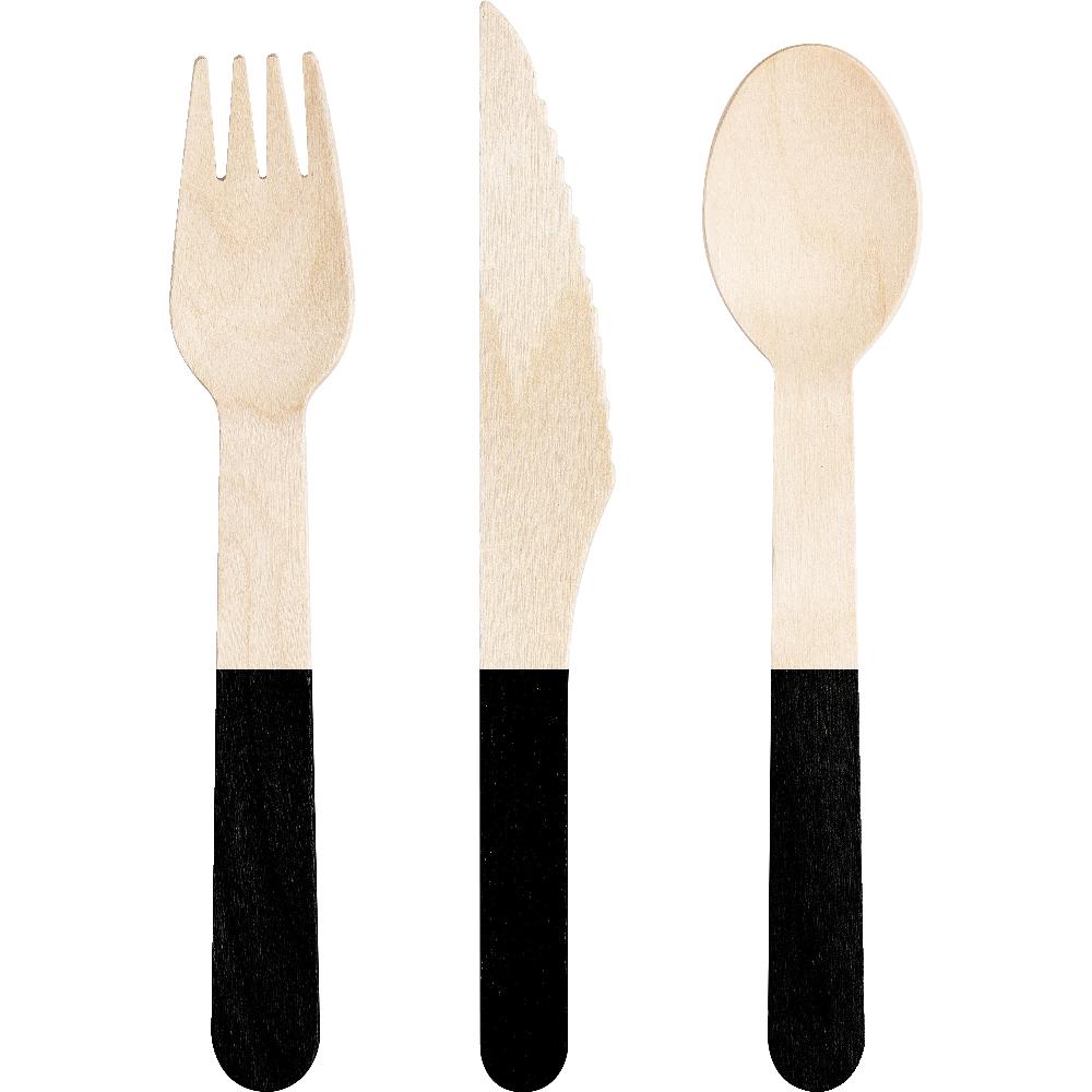 Bulk Black Velvet Wooden Cutlery assorted, 24 pieces per package and 12 packages per case