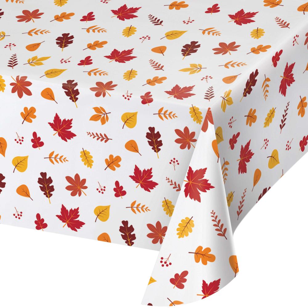 Case of twelve fall leaves plastic tablecovers for a Friendsgiving buffet