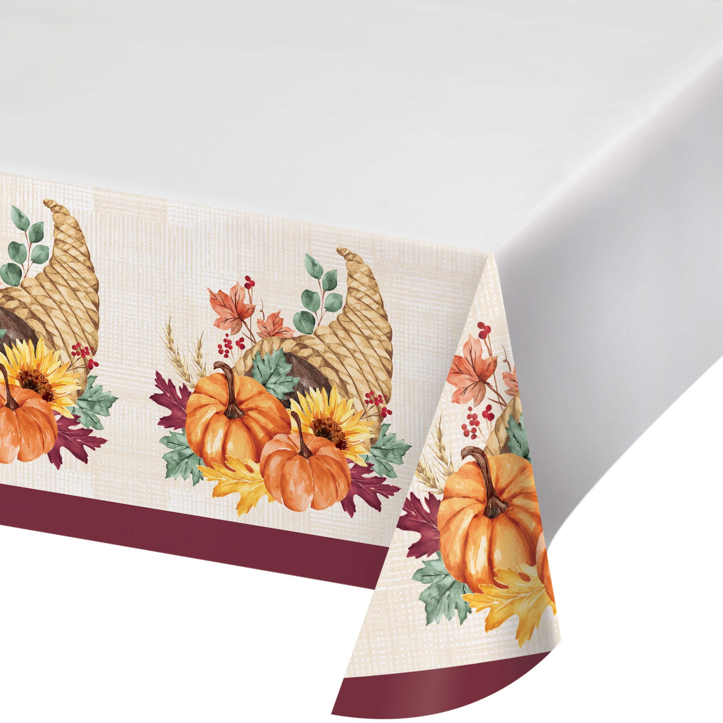 Bulk Fall Feast border print paper tablecovers packed 12 per case for Thanksgiving banquet service