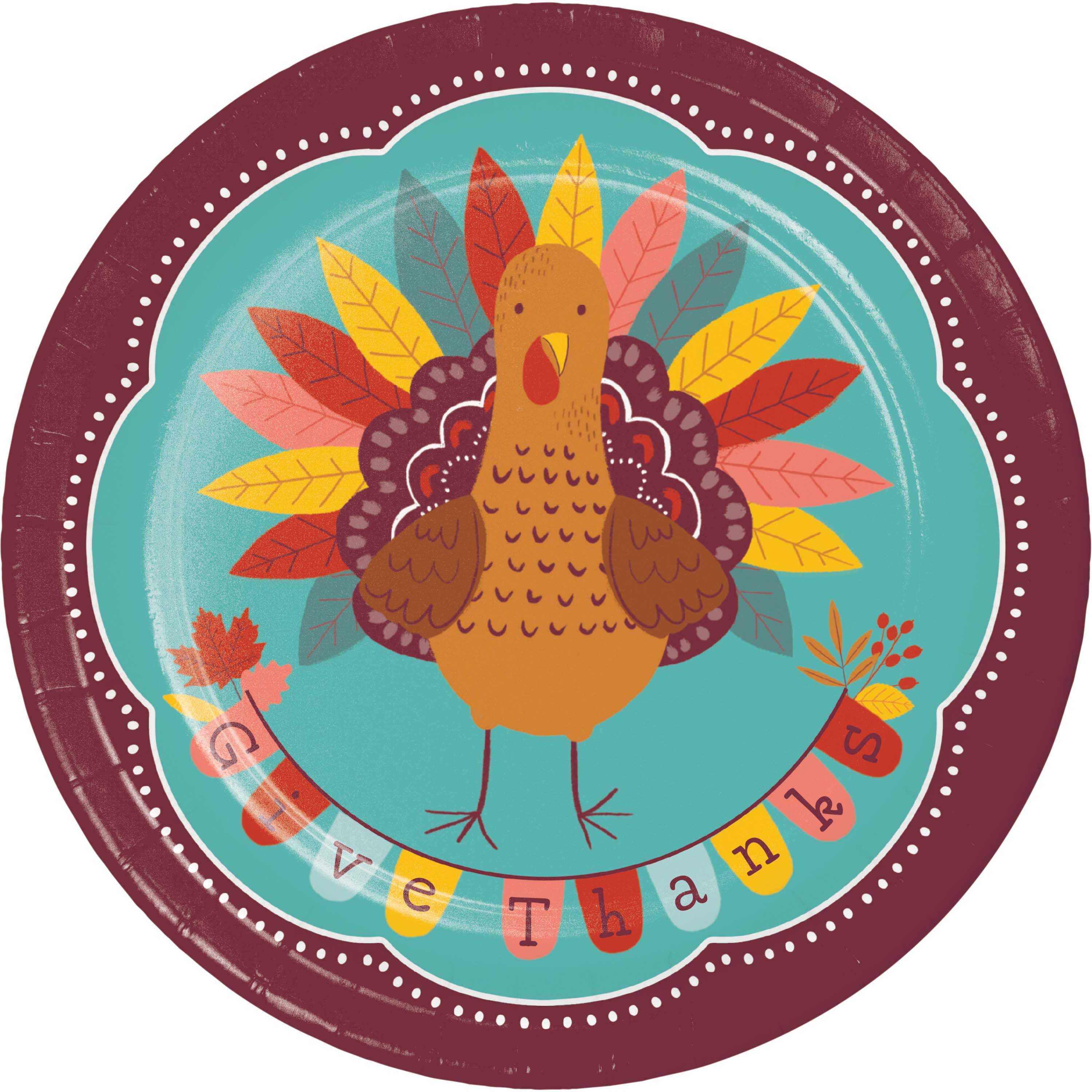 Case of 96 Turkey Treat 9 inch paper dinner plates for an office Thanksgiving potluck
