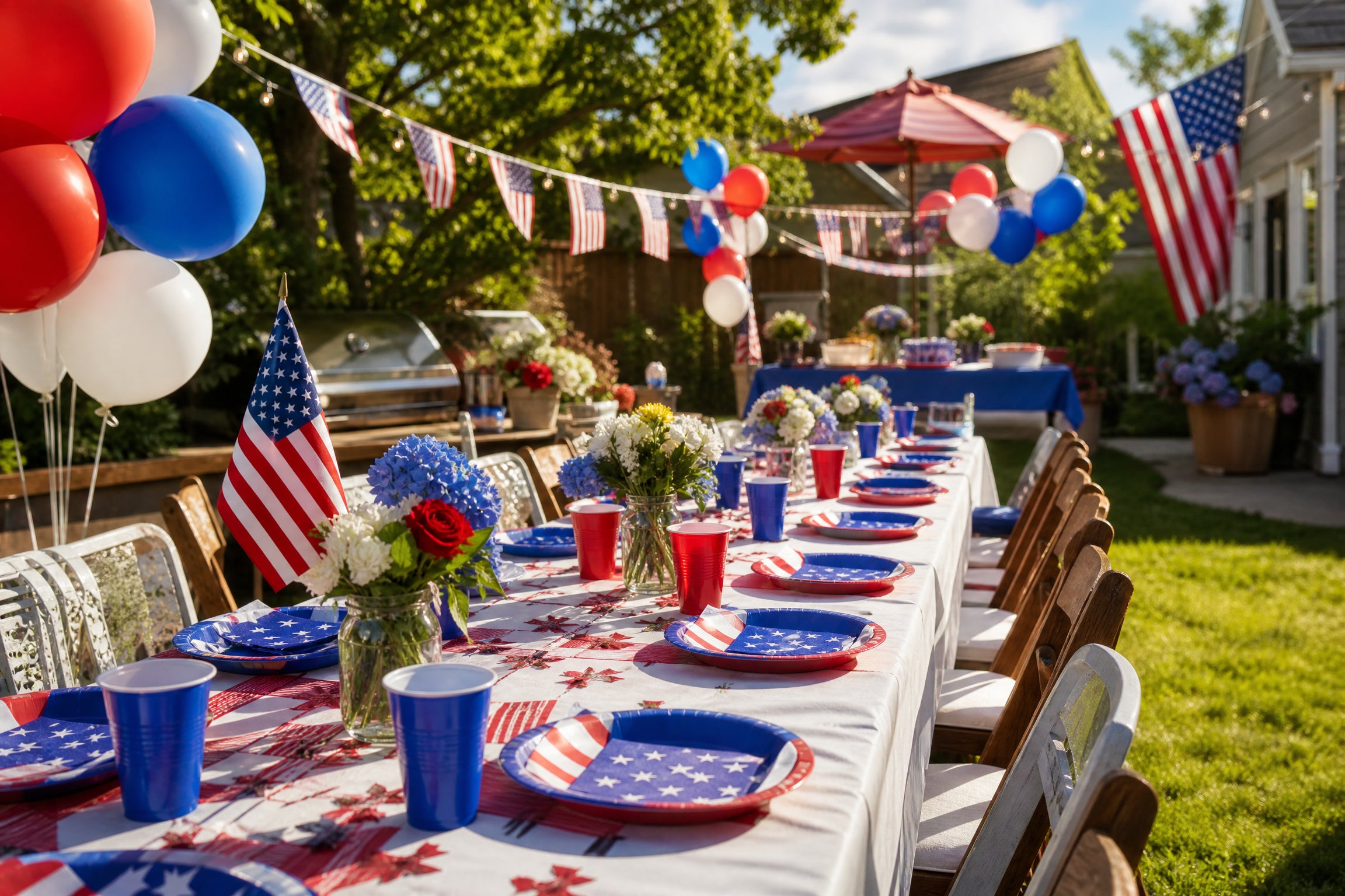 Festive 4th of July backyard party table with red, white, and blue decorations