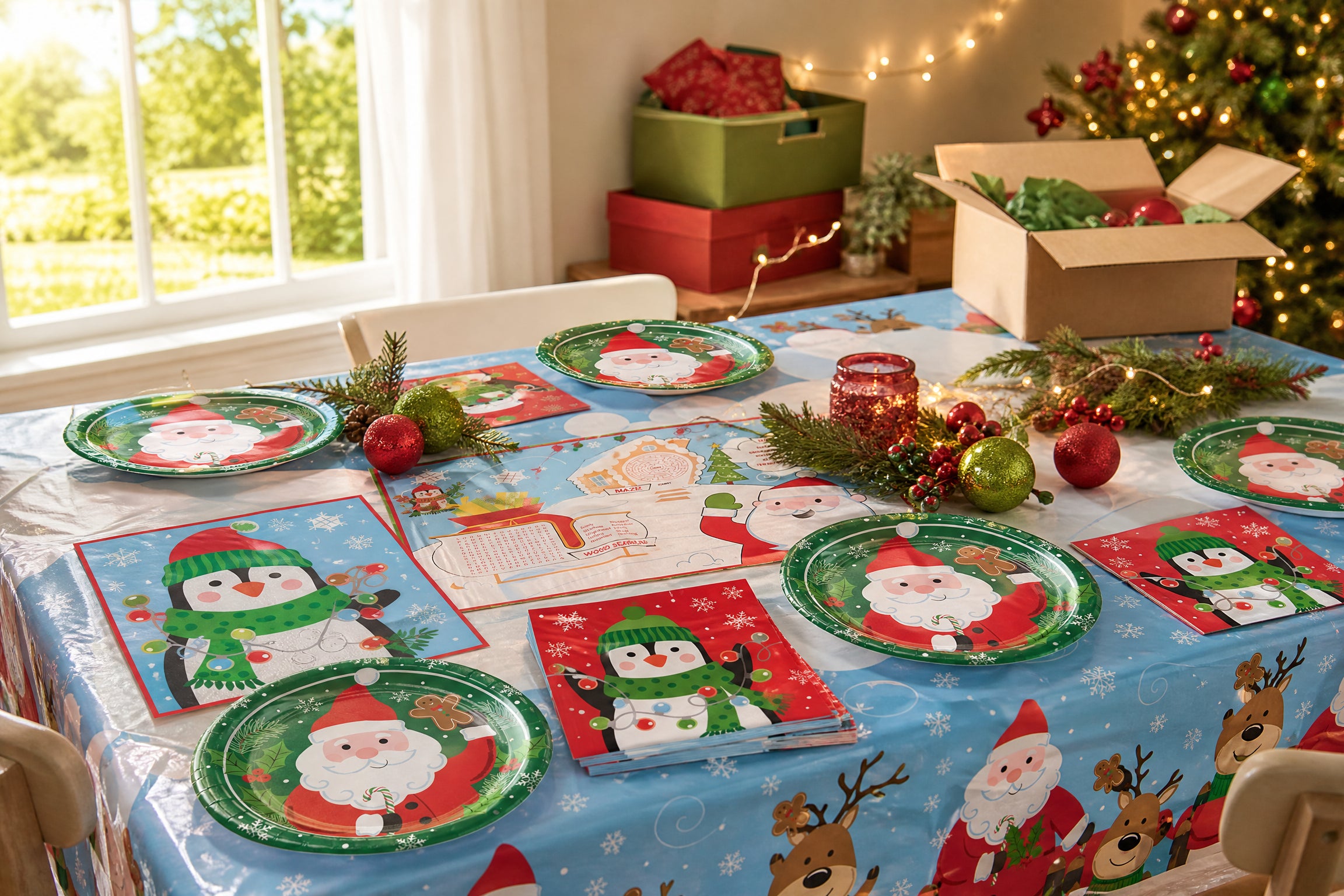 Christmas party table and supplies organized early in July