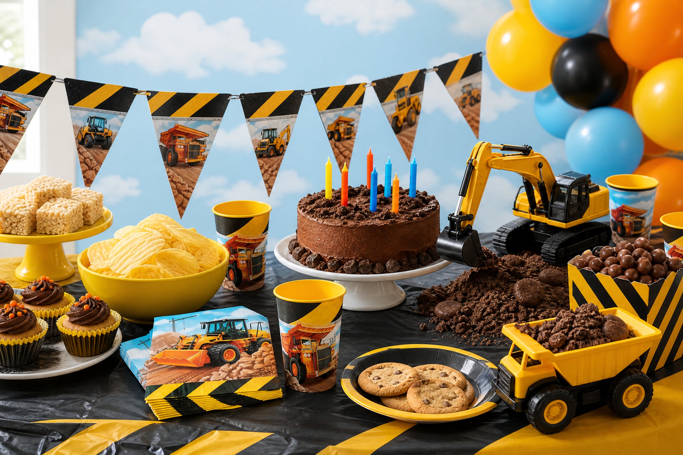 Construction-themed kids birthday party table with cake, truck decorations, and colorful tableware