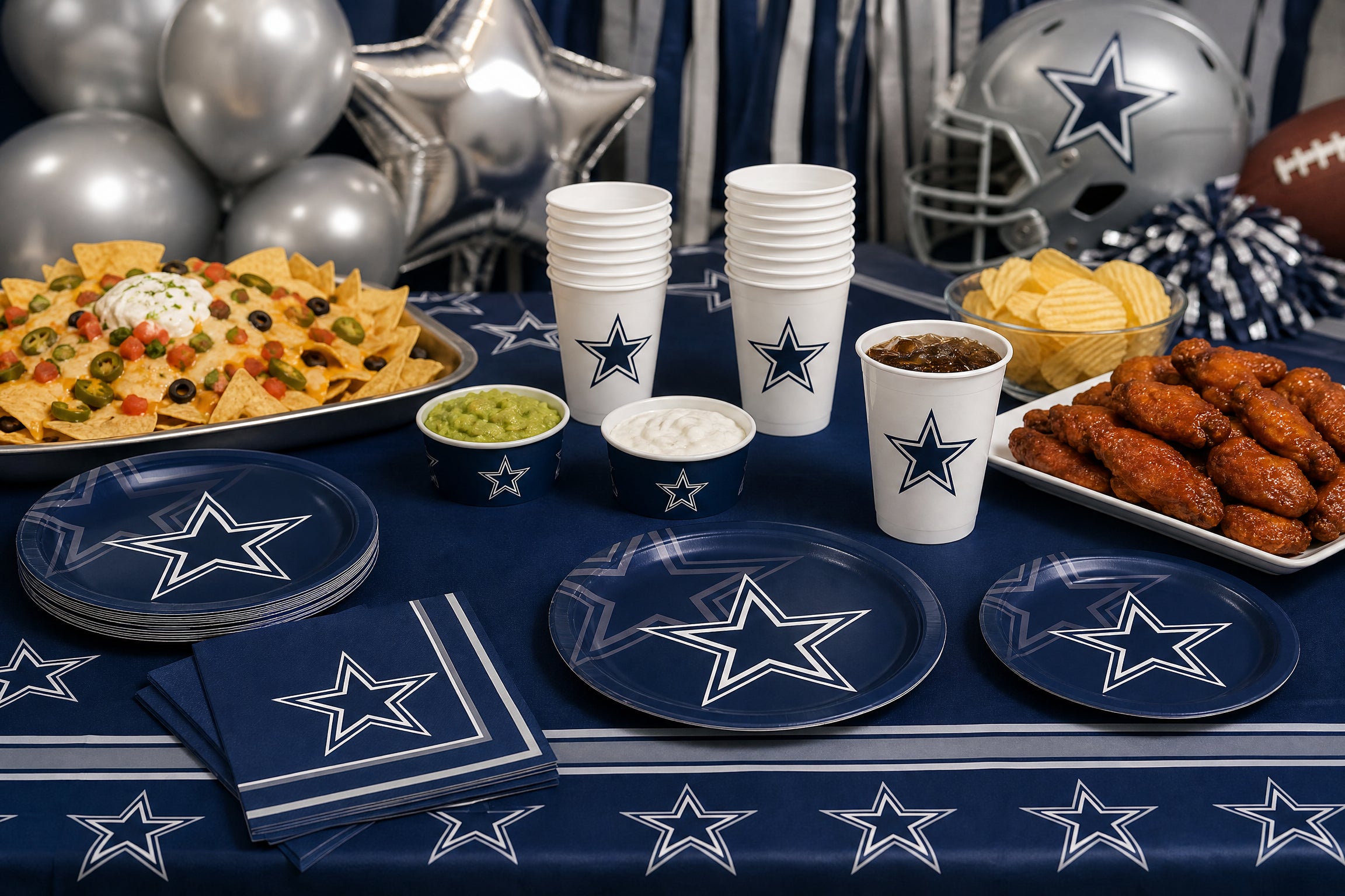 Dallas Cowboys game day party table with official Cowboys plates, cups, and napkins