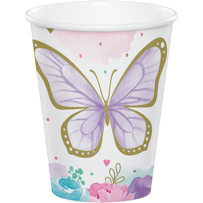Bulk Shimmering Butterfly 9 oz paper cups in a 96 count case, paired with solid color tableware in a resale bundle