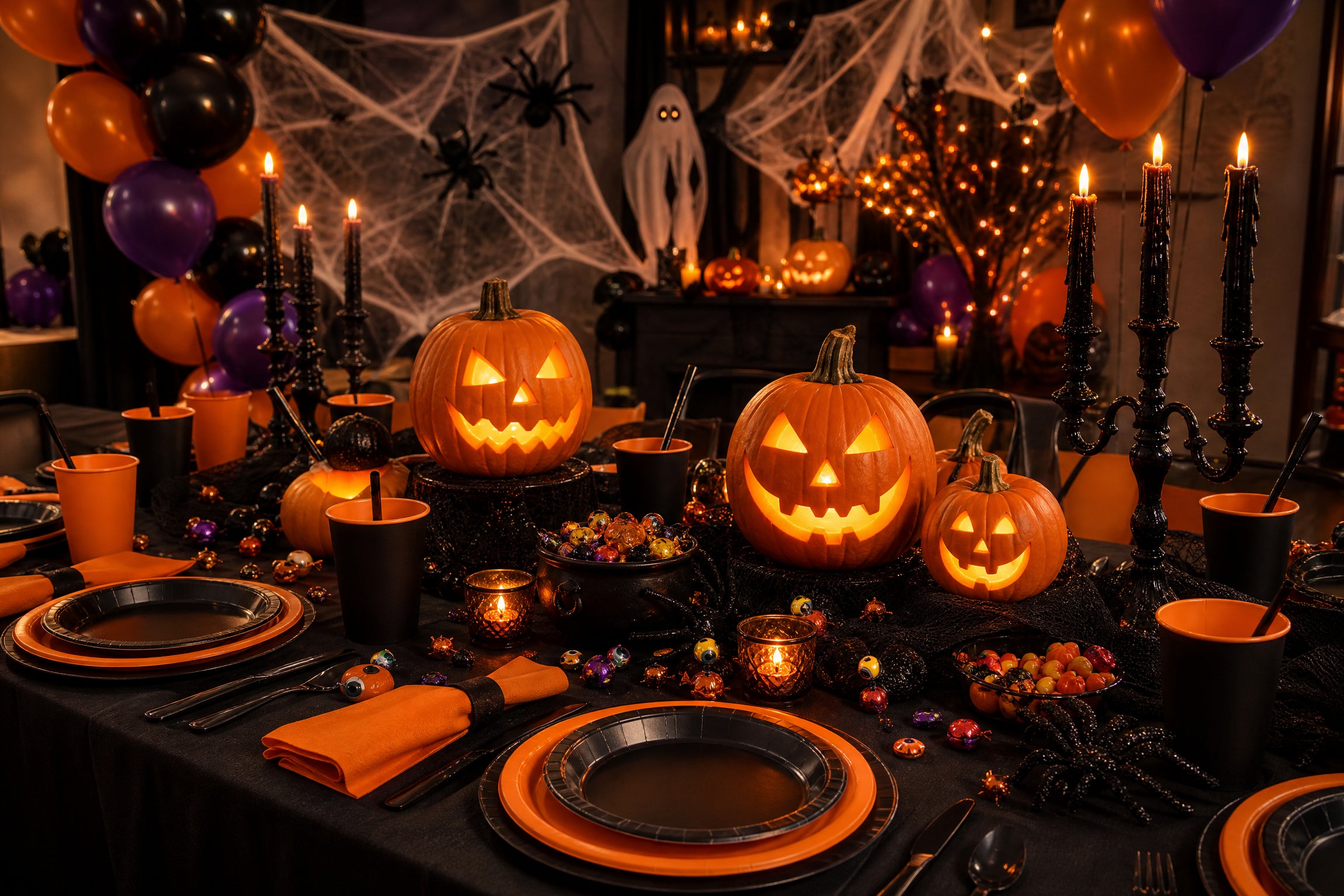 Halloween party table setup with orange and black tableware and jack-o-lanterns