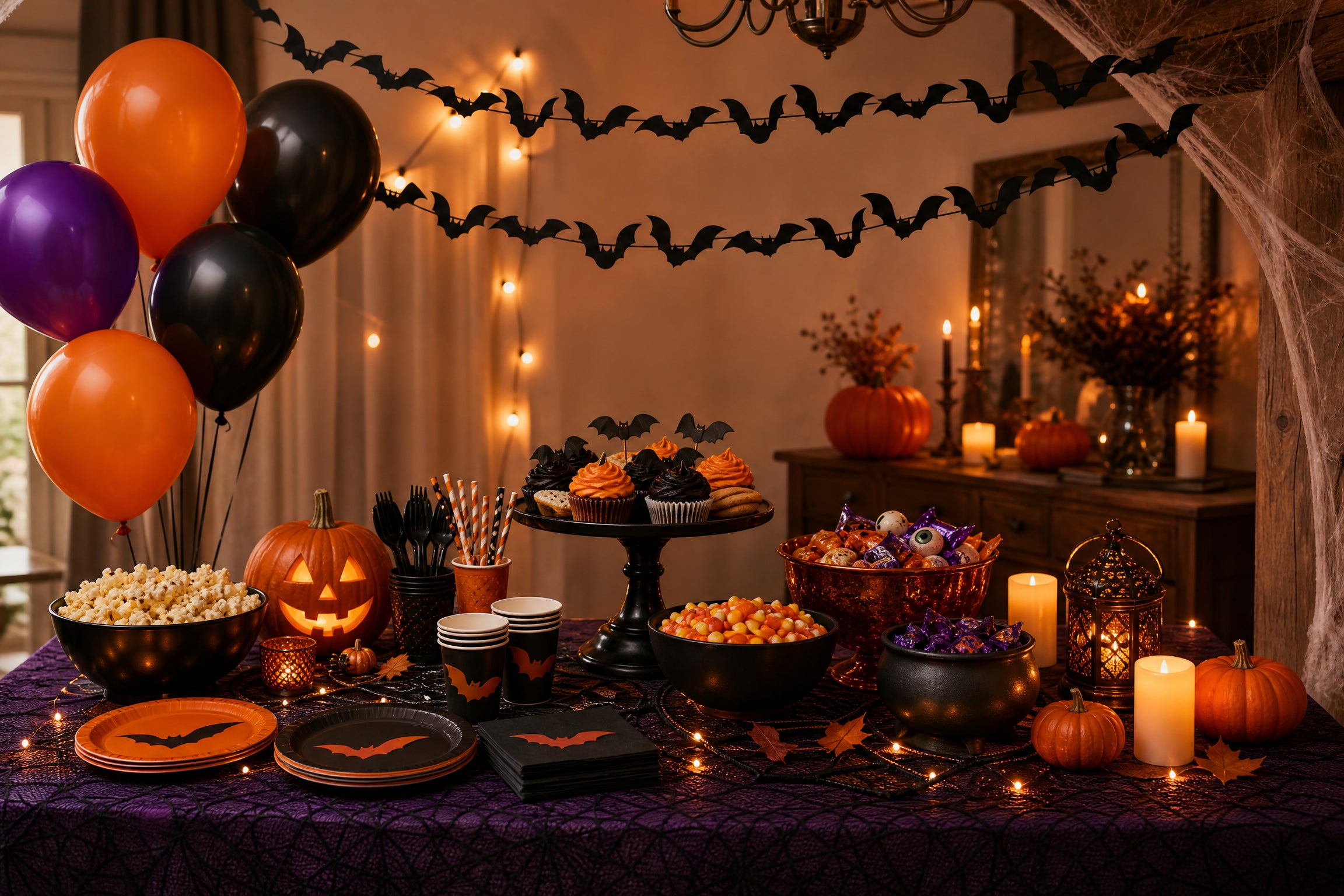 Last-minute Halloween party table with bats, balloons, candy, and festive decorations