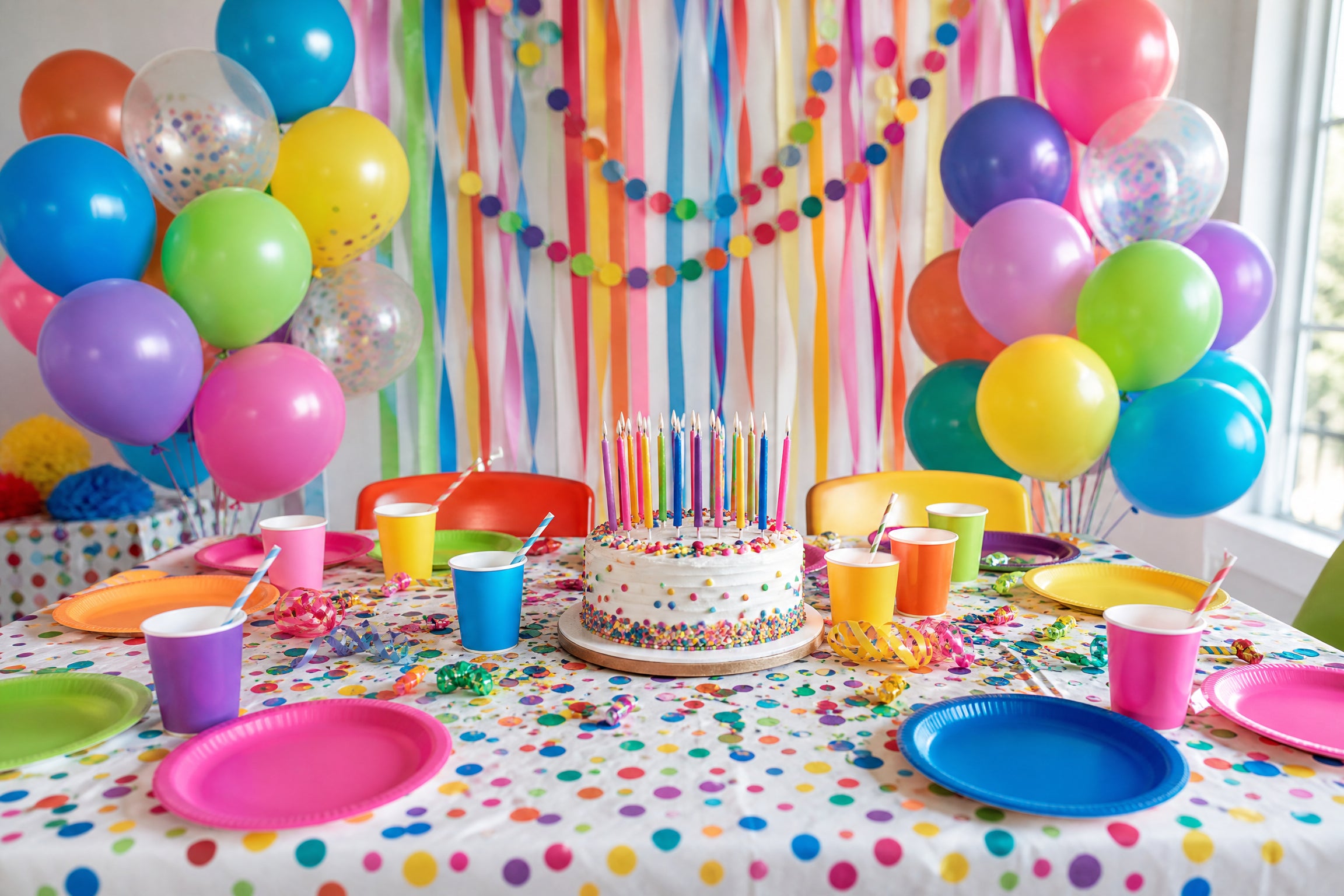 Colorful kids birthday party table with balloons, cake, and bright party supplies