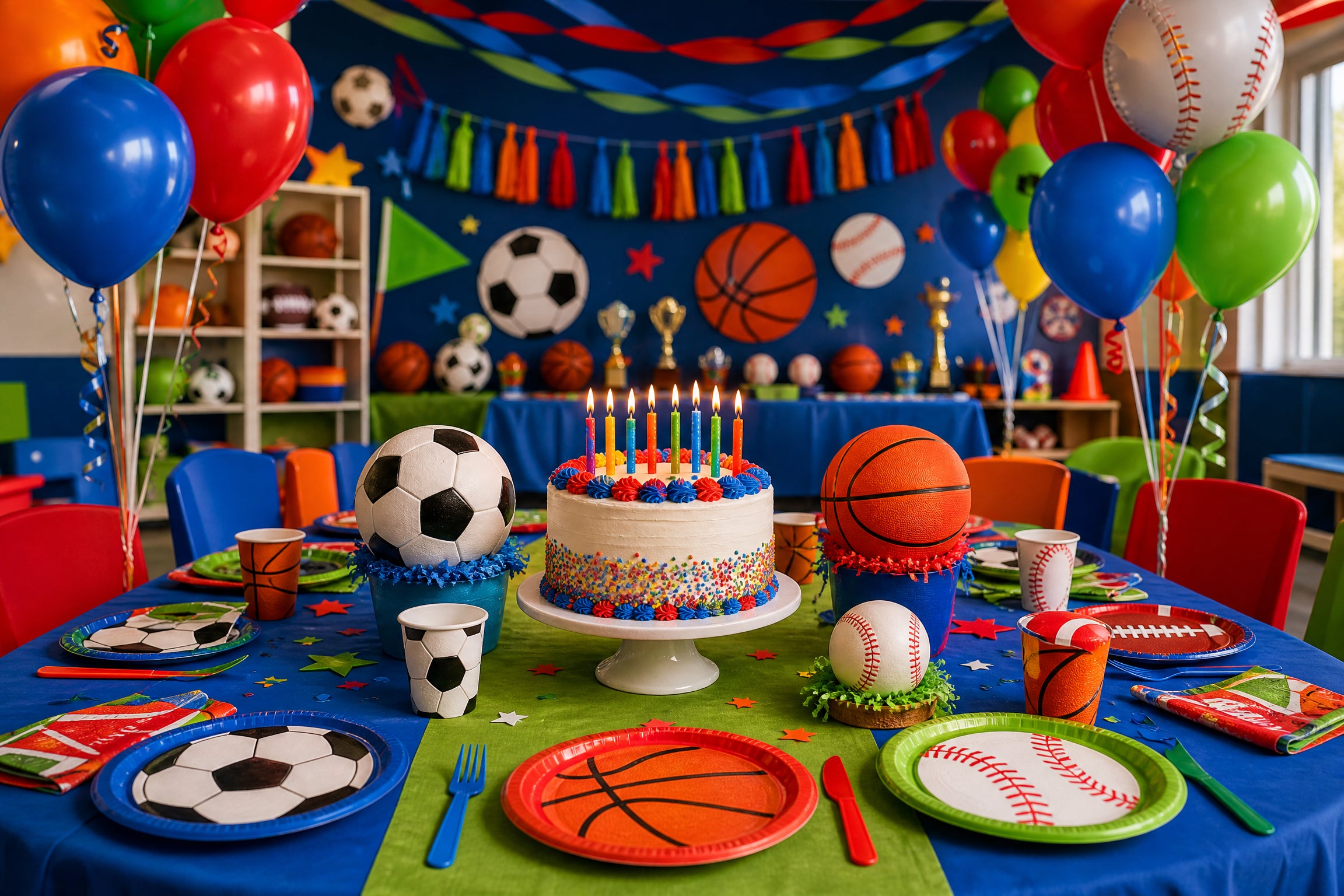 Colorful kids sports birthday party table with soccer, basketball, and baseball themed decorations
