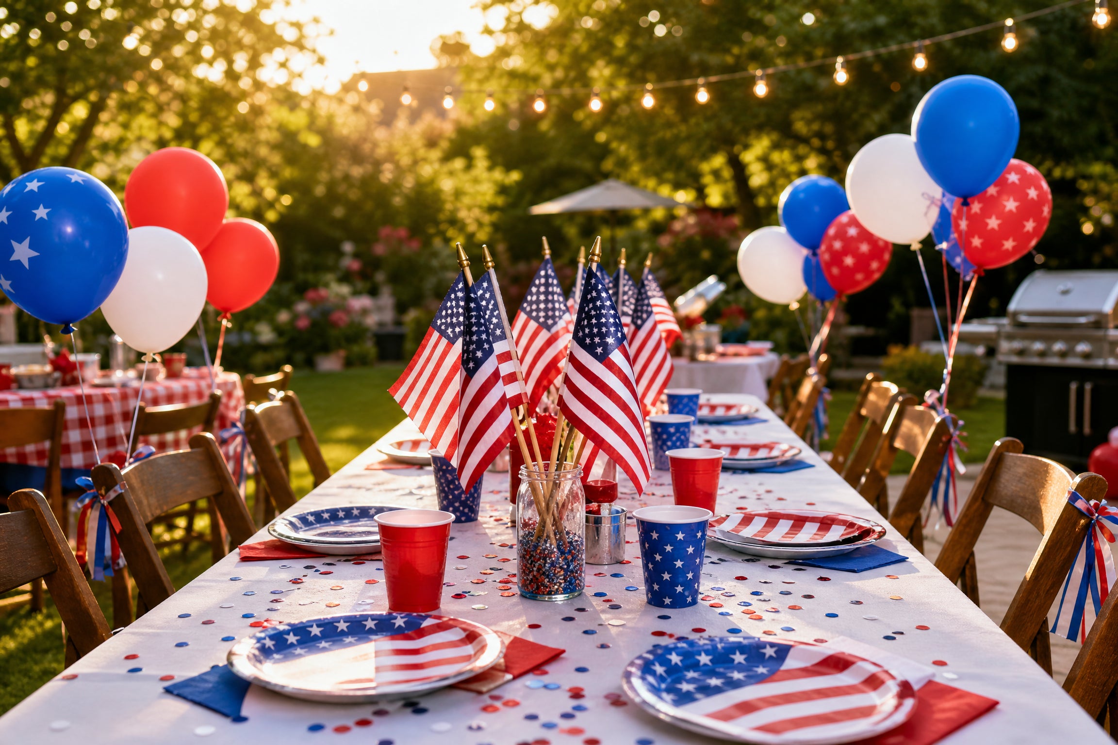 Labor Day cookout party table decorated with red, white, and blue party supplies