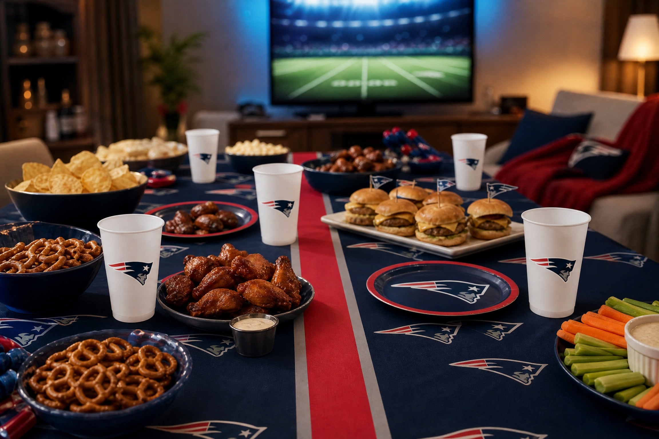 New England Patriots game day party table with team cups, snacks, and football viewing setup