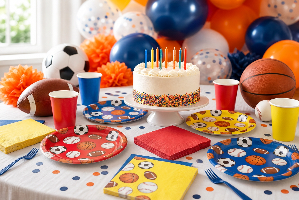 Colorful kids sports birthday table with cake, primary color candles, balls, balloons, and party tableware