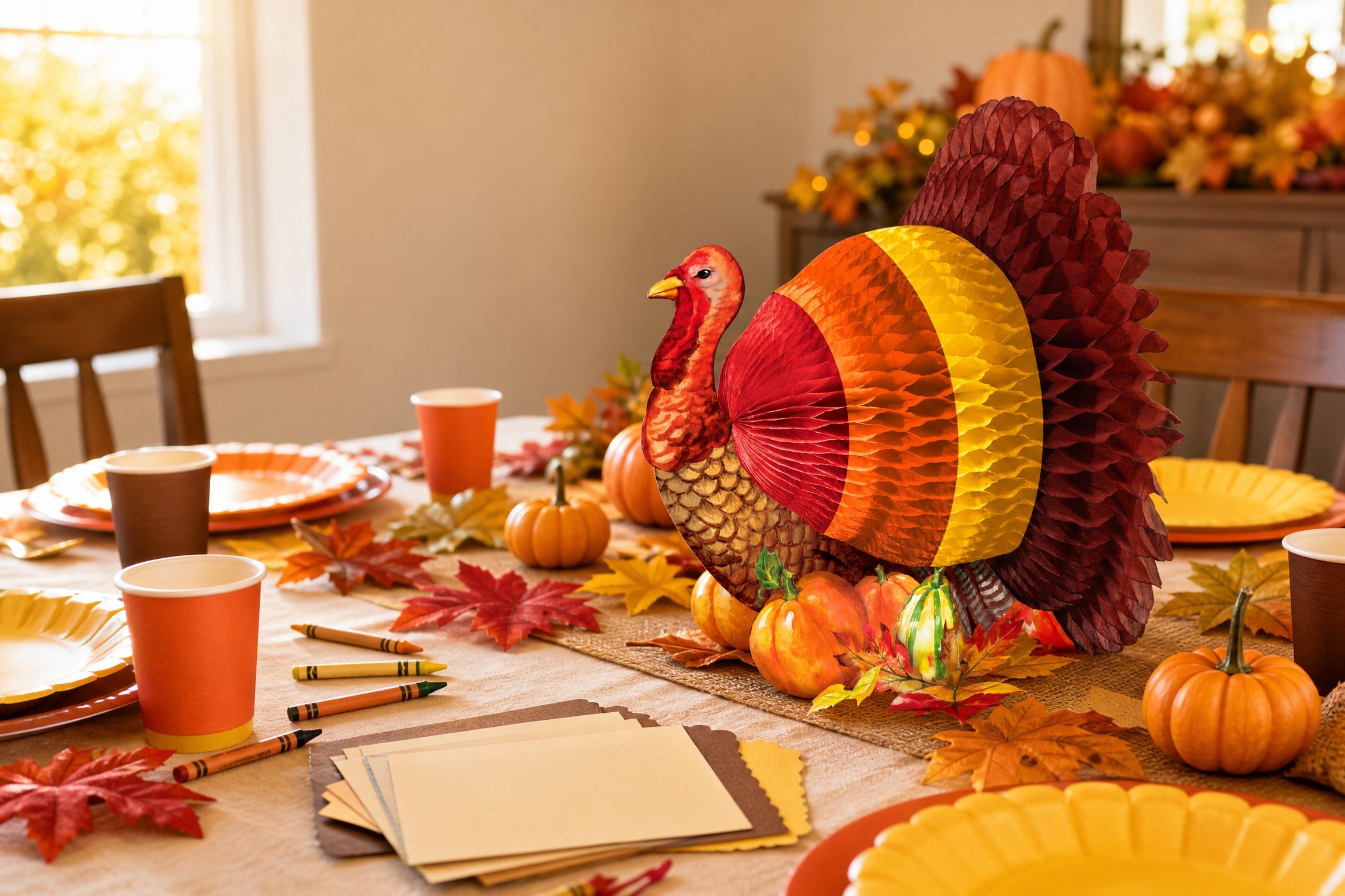 Kid-friendly Thanksgiving table with turkey centerpiece, crafts, and autumn party tableware