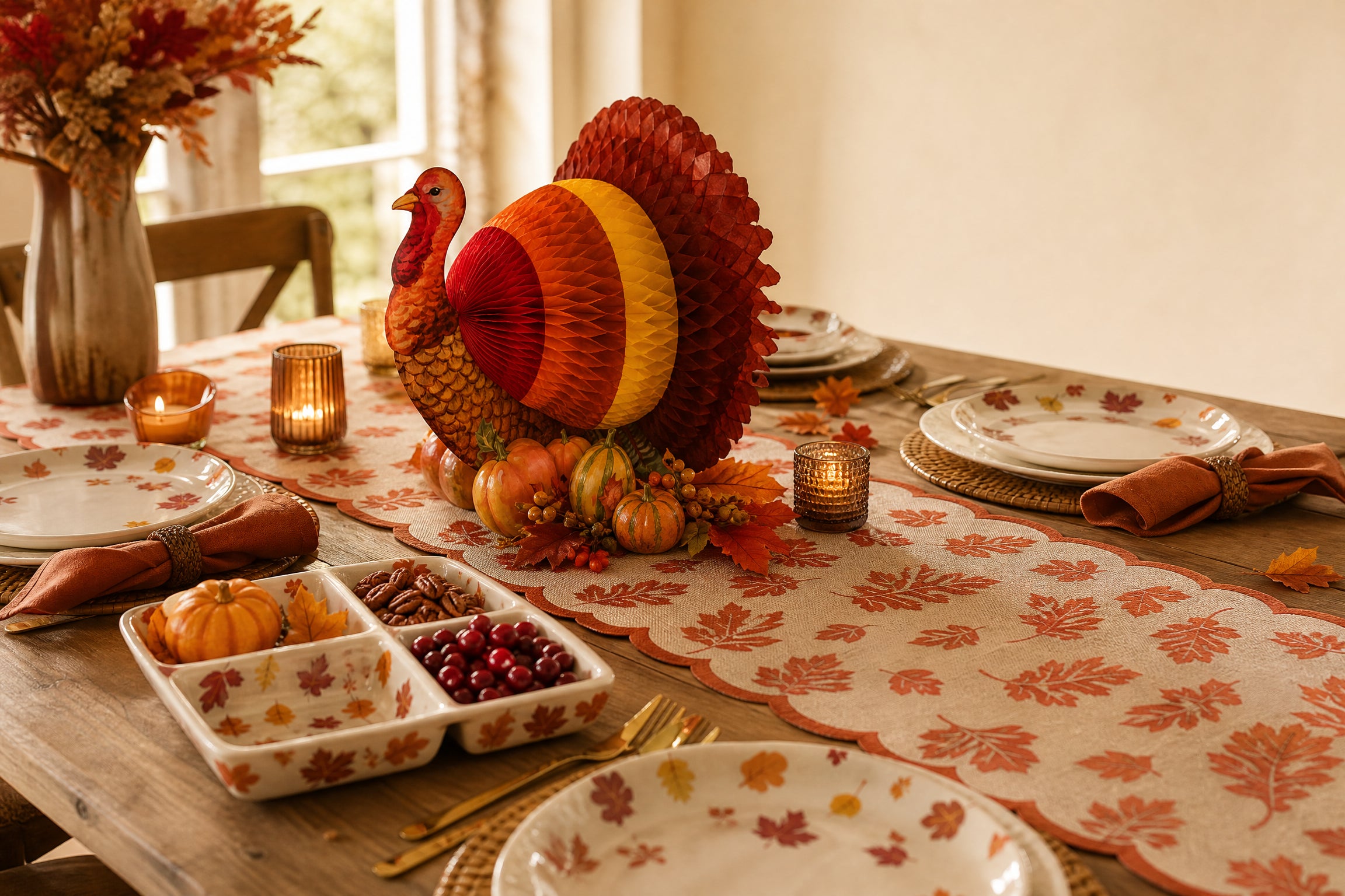 Warm Thanksgiving tablescape with autumn centerpiece, napkins, and seasonal tableware