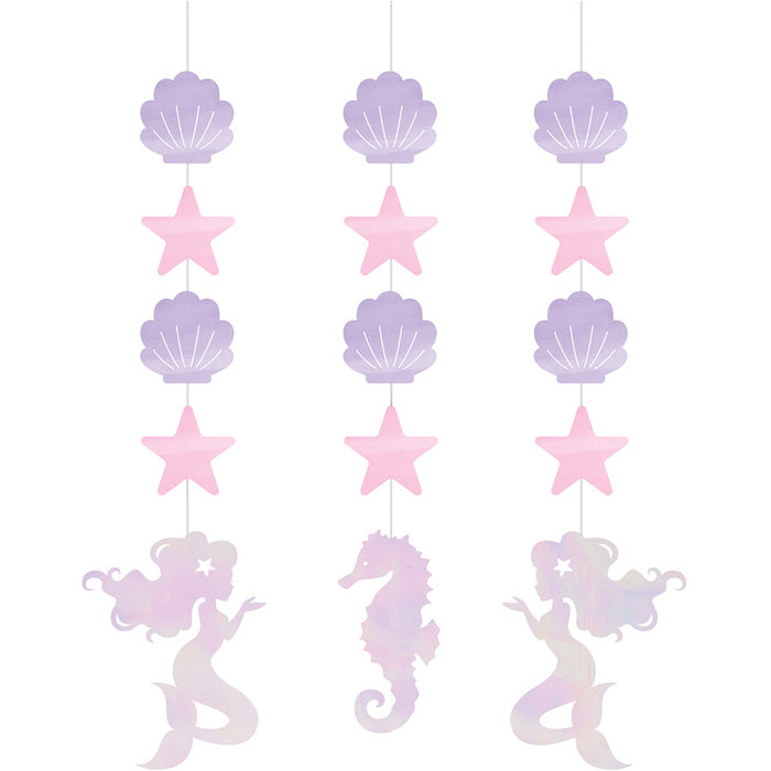 Bulk iridescent mermaid party hanging decorations in a 36 count case, sold as a themed add on by a party rental business