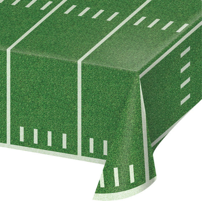 Football field turf print plastic table covers, 54 by 108 inches, six per case