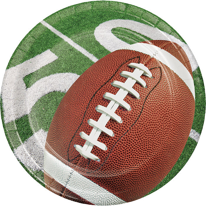 Football party paper dessert plates, 6.75 inch round, 96 per case