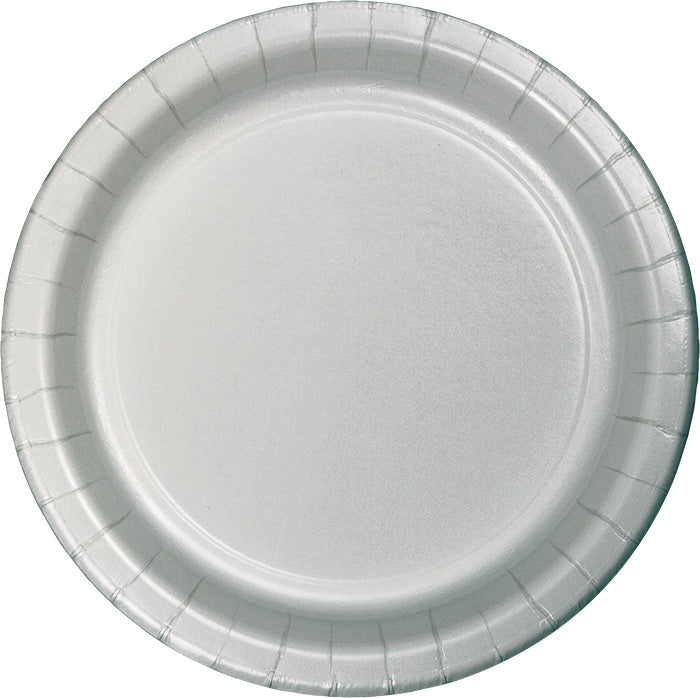 Bulk shimmering silver sturdy style paper dinner plates 8.75 inch packed 240 per case for winter corporate events