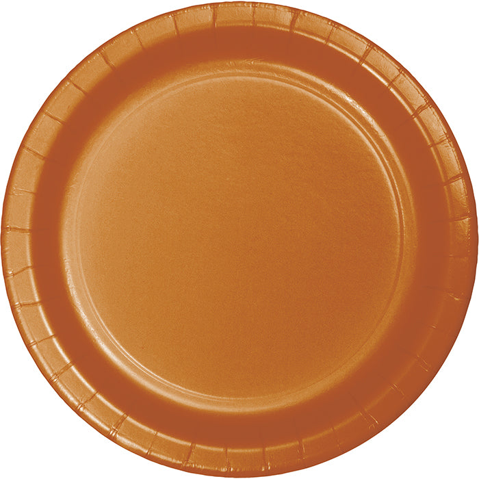 Bulk Pumpkin Spice Orange Sturdy Style 8.75 inch Paper Dinner Plates, 240 per case, a seasonal accent color