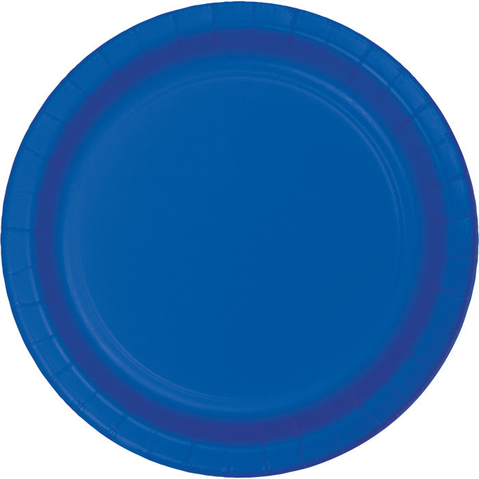 Bulk Cobalt Blue Sturdy Style 8.75 inch Paper Dinner Plates, 240 per case, for corporate events