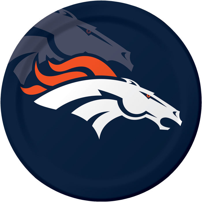 Bulk Denver Broncos paper dinner plates, 8.75 inch heavyweight paperboard, 96 per case