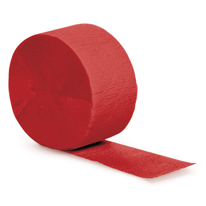 Bulk classic red crepe streamer rolls, 81 feet each with 12 per case, sorted back into usable event stock