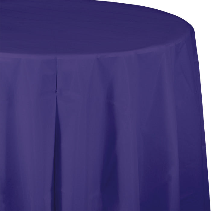 Bulk purple round plastic table covers 82 inch packed 12 per case for Halloween event styling