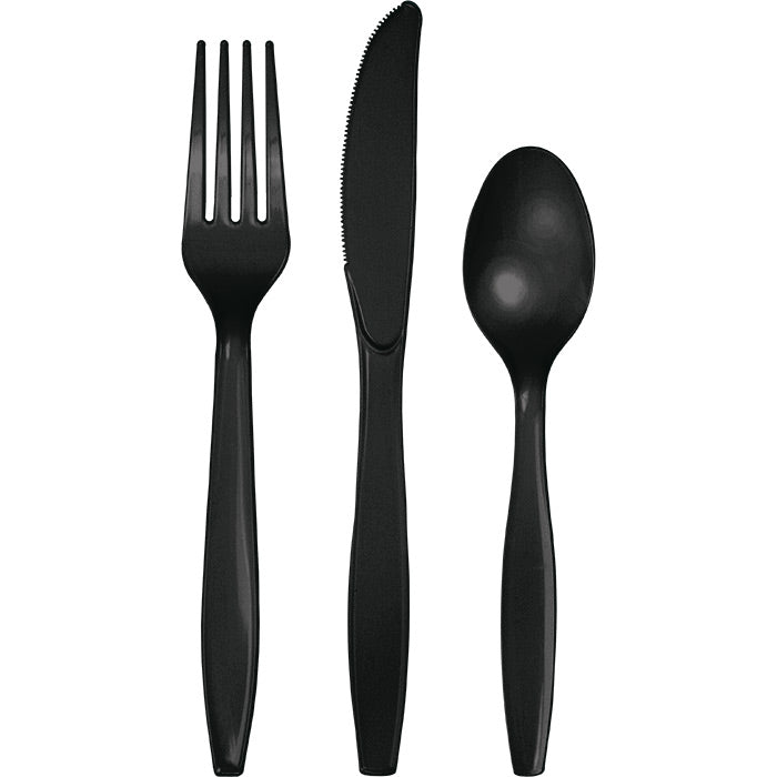 Bulk black velvet assorted plastic cutlery, 12 packages per case, quoted as a line item on an event supply proposal