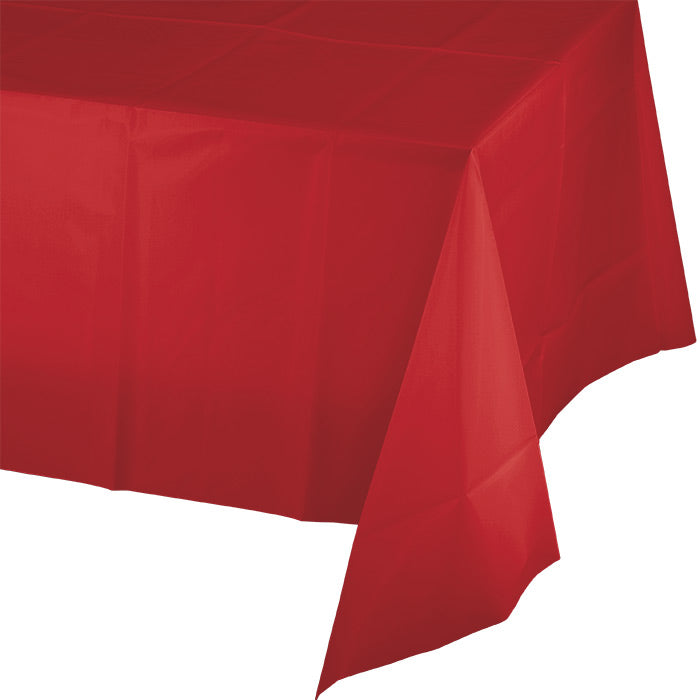 Classic red solid color plastic table covers, 54 by 108 inches, twelve per case