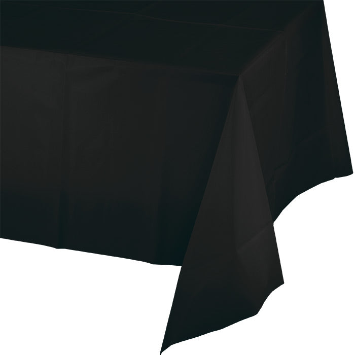 Bulk black velvet plastic table covers packed 12 per case for fourth quarter event and retail stock