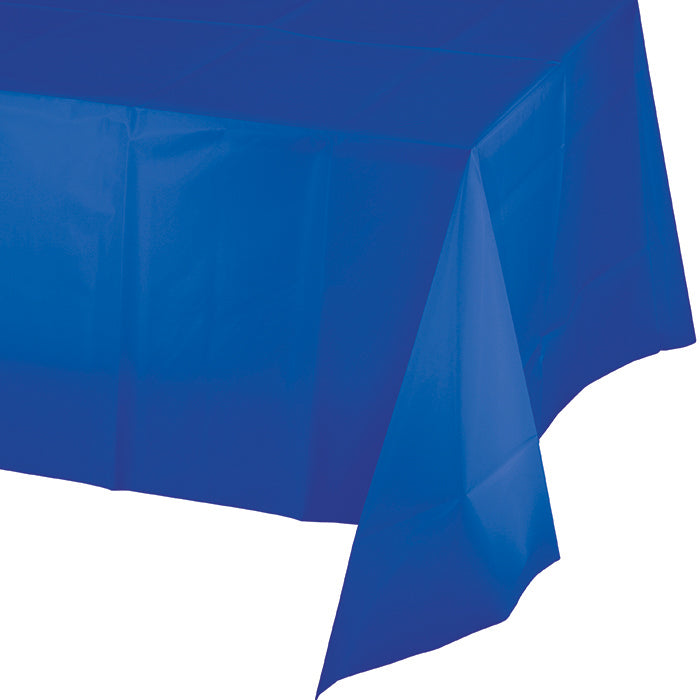 Bulk Cobalt Blue Plastic Table Covers, 12 per case, for fast venue turnover between events