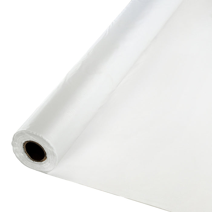 Bulk white plastic banquet roll 40 inches by 250 feet, stored upright in a party supply warehouse
