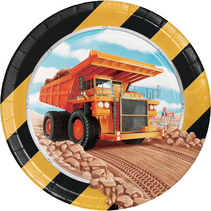 Bulk Big Dig Construction paper dessert plates in a 96 count case, stocked for a community center birthday party program