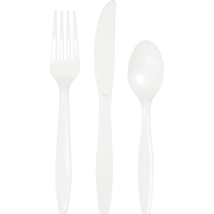 Bulk white assorted plastic cutlery, 12 packages of 24 pieces per case, as the cutlery line in a standard event kit