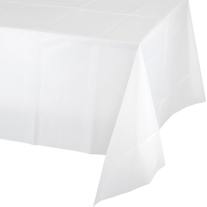 Bulk White Plastic Table Covers 54 inch by 108 inch, 12 per case, stacked for trade inventory