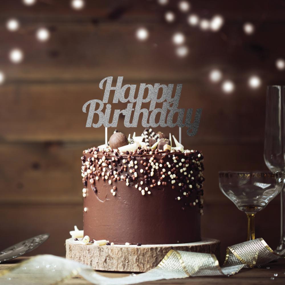 12ct Bulk Silver Glitter Happy Birthday Cake Toppers