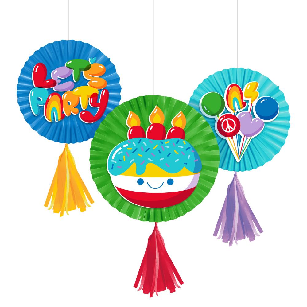 Paper Fans w/ Tassels - Bubbly Birthday Party Decoration from Bulk Party Decorations