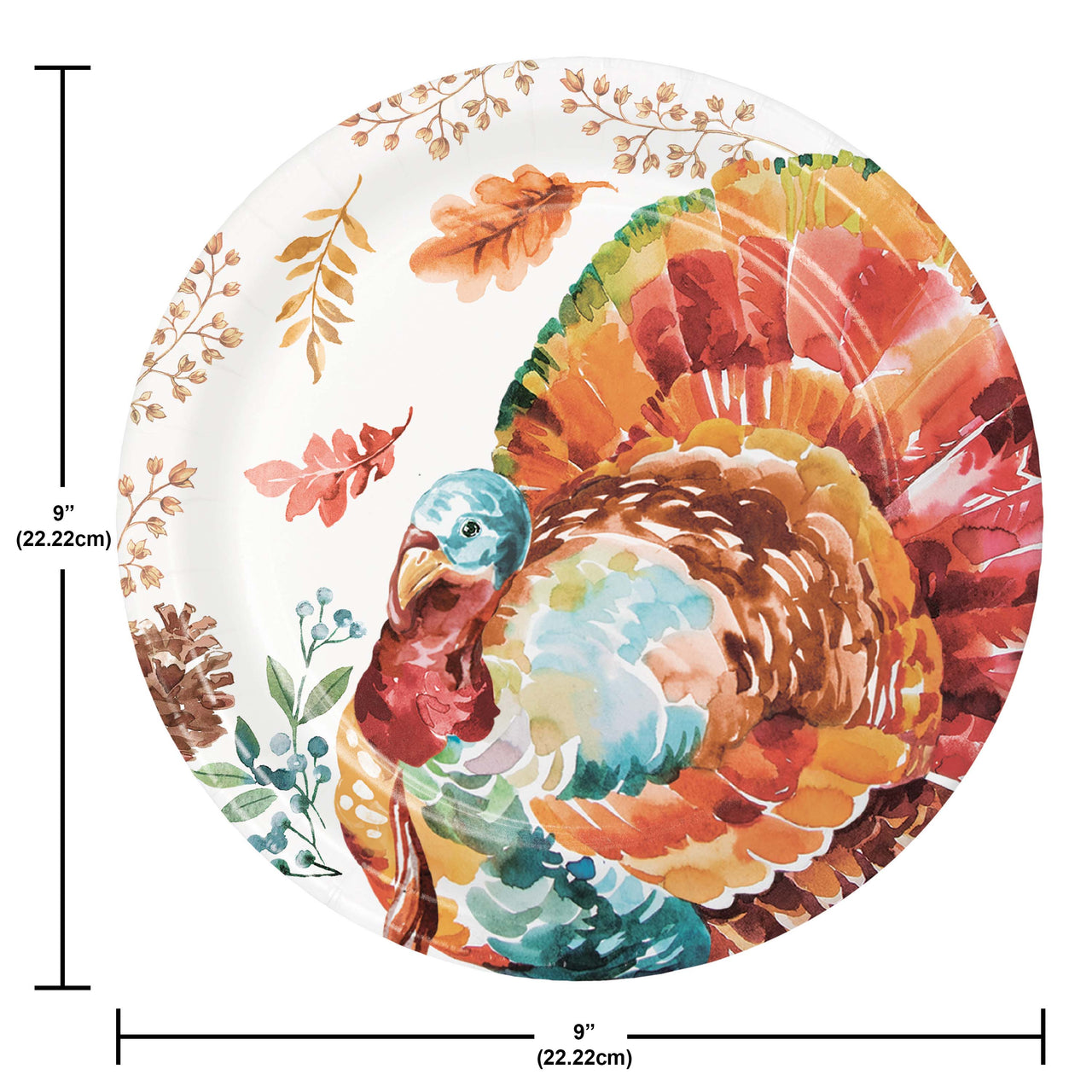 Colorful turkey design on a paper plate with measurements