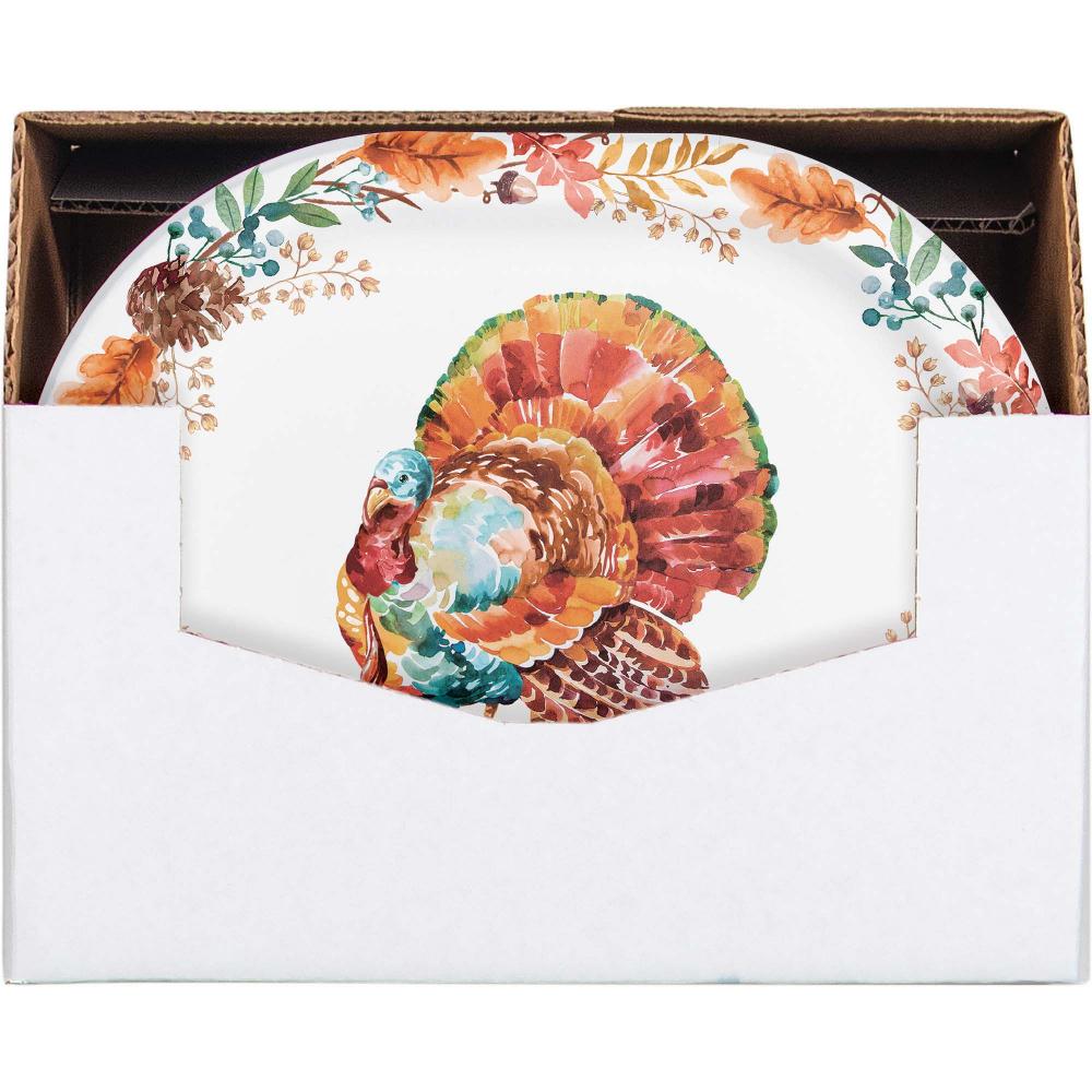 Decorative plate with a turkey design and autumn leaves, shown with dimensions.