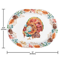 Decorative plate with a turkey design and autumn leaves, shown with dimensions.