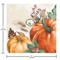 Decorative design with pumpkins, leaves, and berries on a beige background
