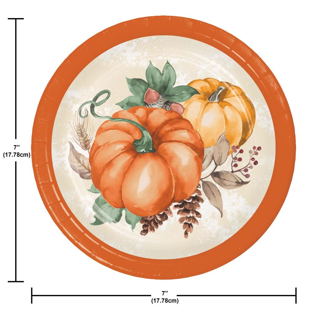 Round plate with pumpkins and leaves design, size indicated as 7 inches.