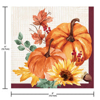 Decorative paper napkin with pumpkins, sunflower, and leaves on a textured background