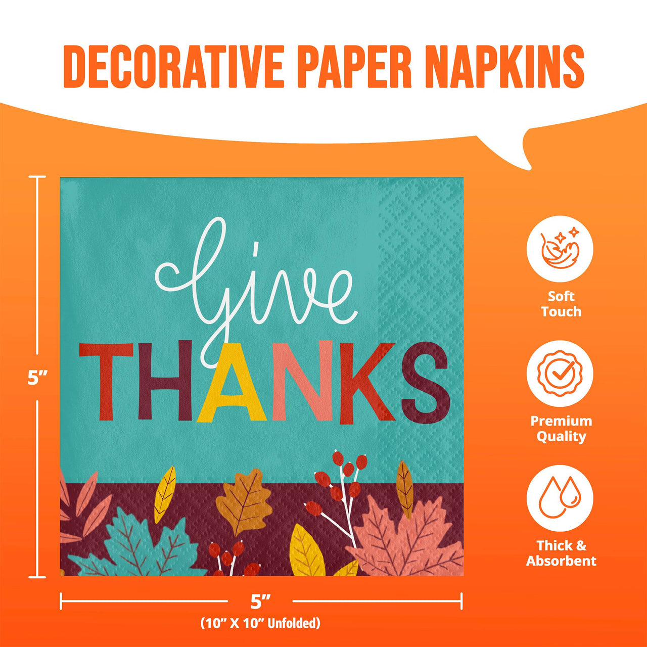 Bulk Turkey Treat Give Thanks Beverage Napkins 5" x 5" (192 per Case)