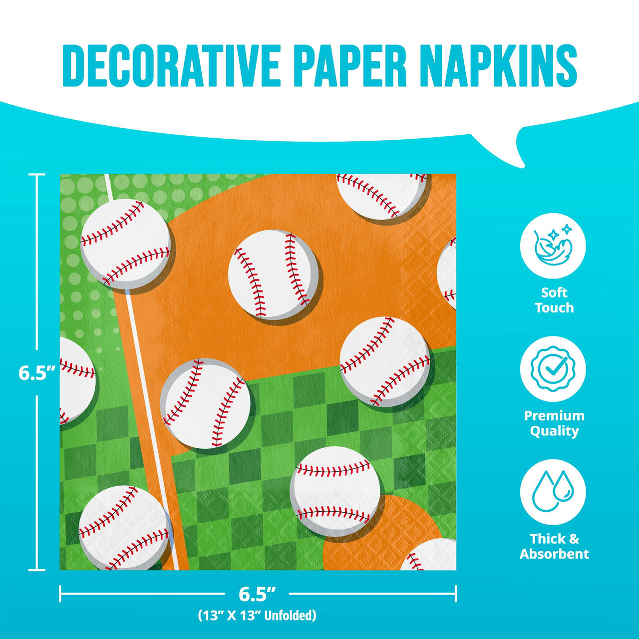 Bulk Sports Spirit Baseball Luncheon Napkins 6.5" x 6.5" (192 per Case)