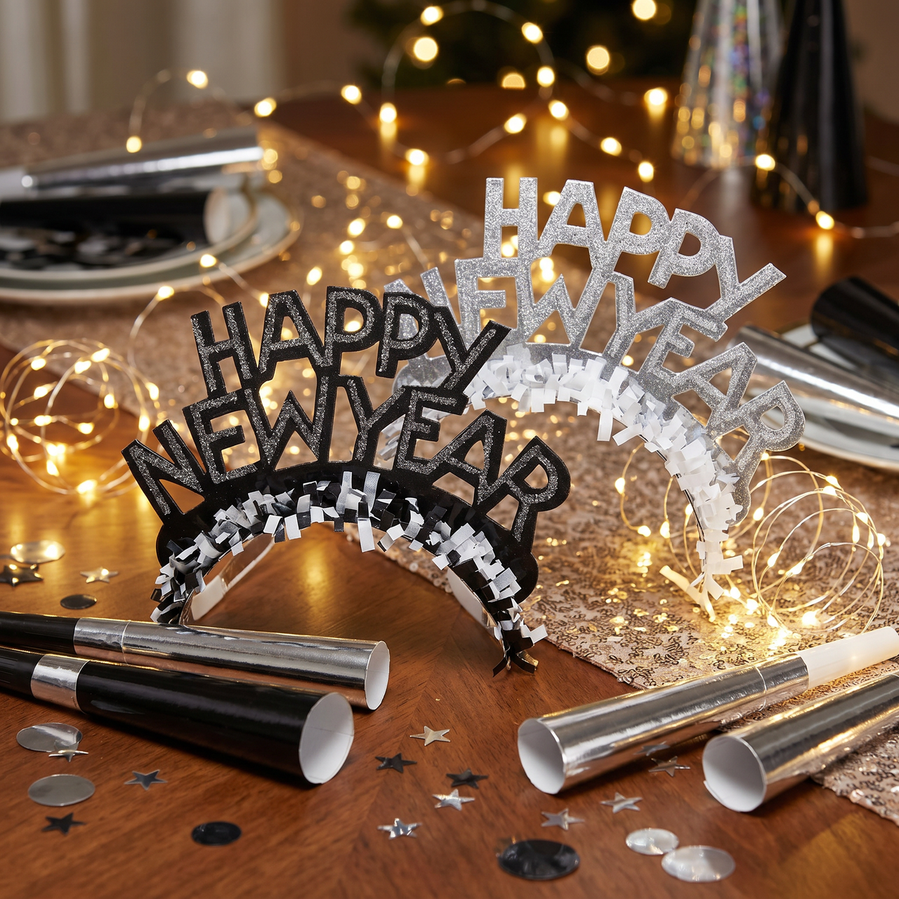 Bulk New Year's Eve Black and Silver Foil Glitter Tiaras (50 per Case)