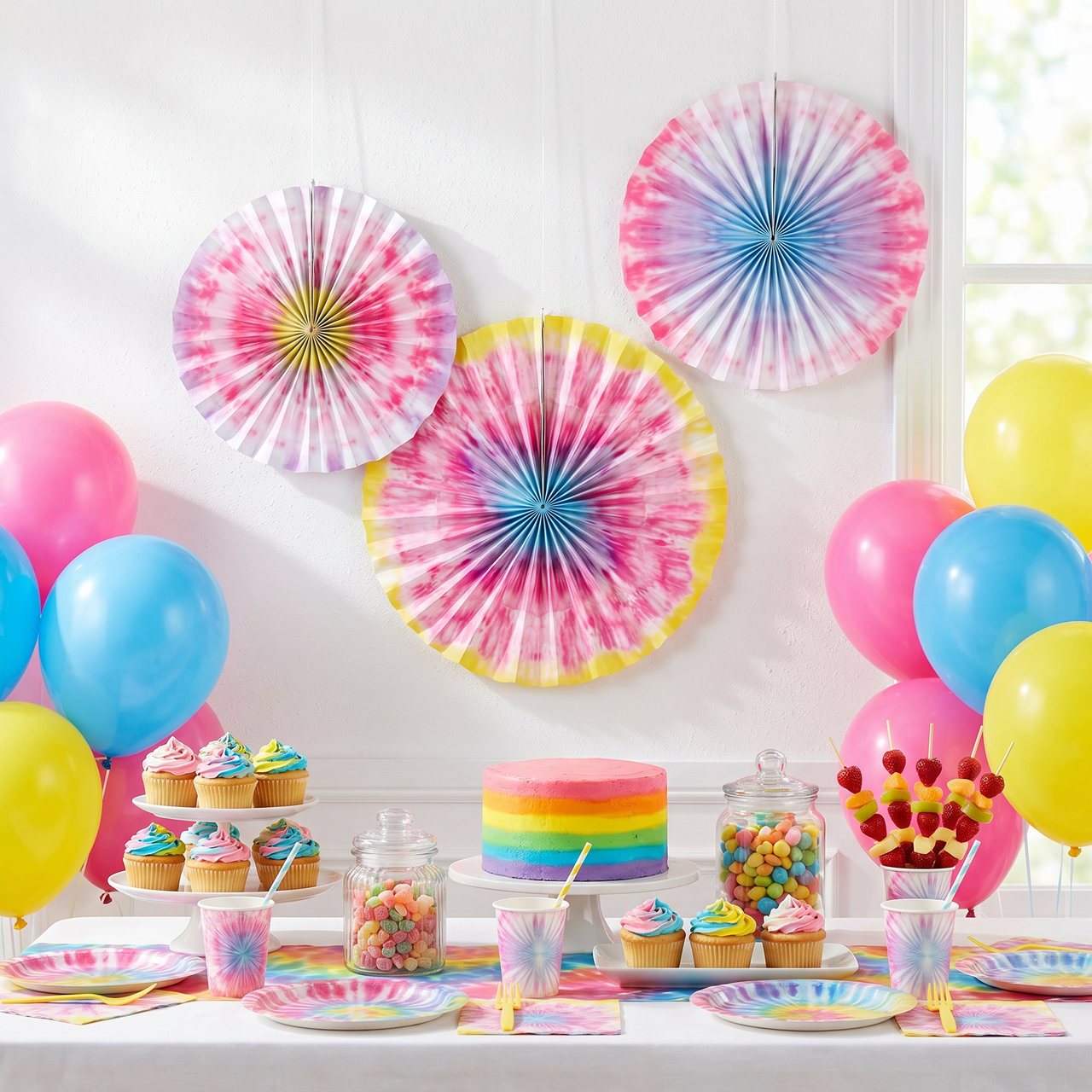 Bulk Tie Dye Party Paper Fans (18 per Case)